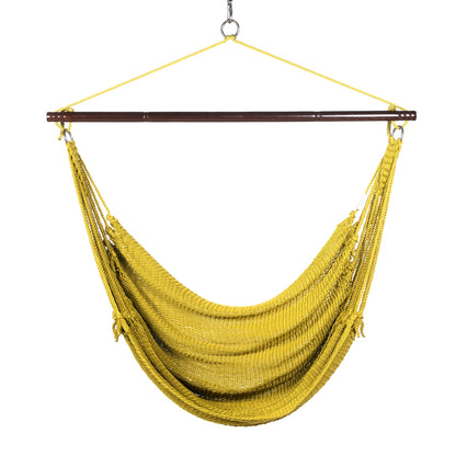 Front view of an olive Jumbo Caribbean Hammock Chair showing the deep woven seat and tasseled sides, on a white background