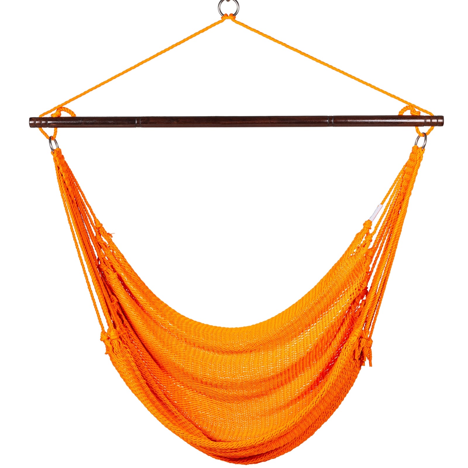 Front view of an orange Jumbo Caribbean Hammock Chair showing the deep woven seat and tasseled sides, on a white background