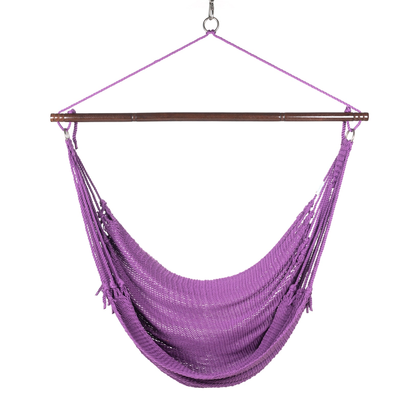 Front view of a purple Jumbo Caribbean Hammock Chair showing the deep woven seat and tasseled sides, on a white background