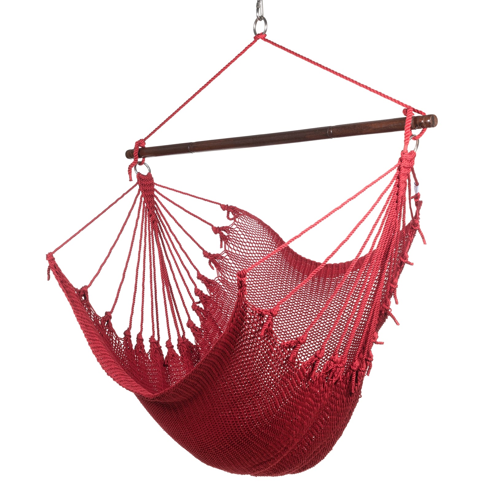 Jumbo Caribbean Hammock Chair in red, hand-woven polyester cord with a dark hardwood spreader bar and tasseled ends, on a white background