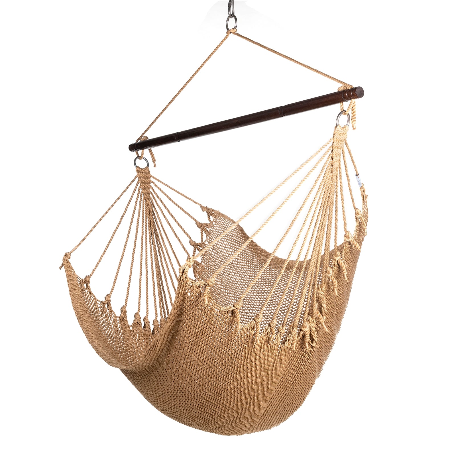 Jumbo Caribbean Hammock Chair in tan, hand-woven polyester cord with a dark hardwood spreader bar and tasseled ends, on a white background