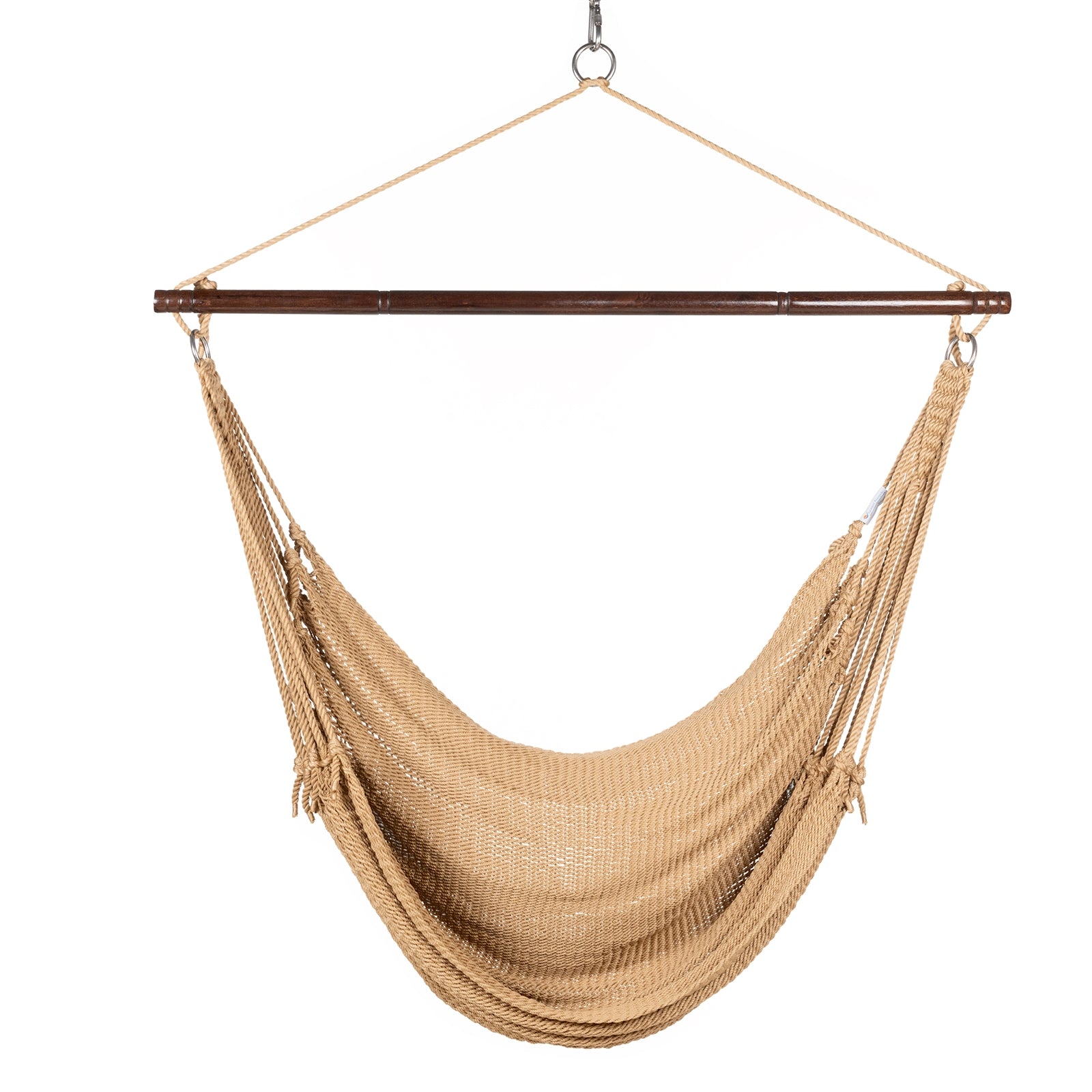 Front view of a tan Jumbo Caribbean Hammock Chair showing the deep woven seat and tasseled sides, on a white background