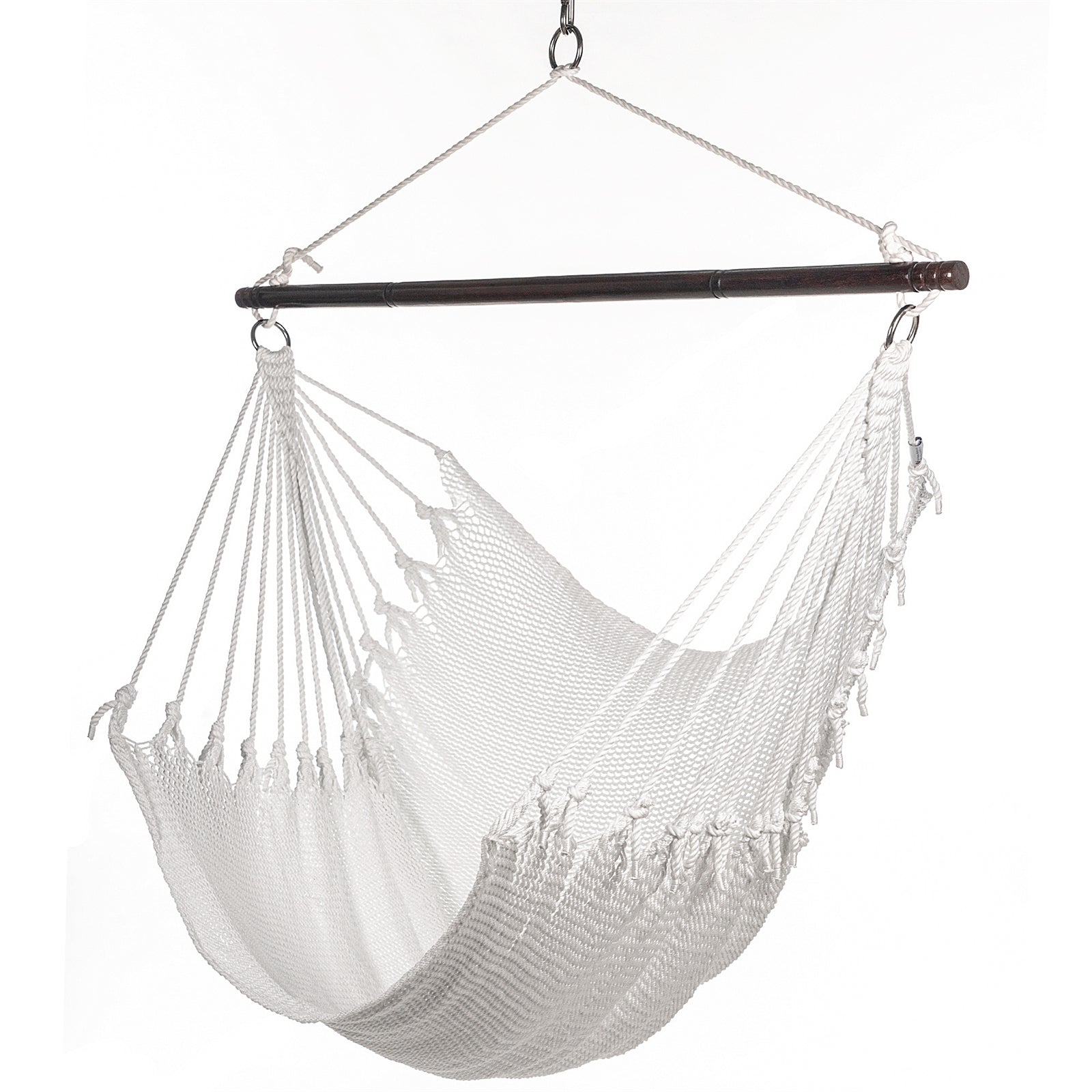 Jumbo Caribbean Hammock Chair in white, hand-woven polyester cord with a dark hardwood spreader bar and tasseled ends, on a white background