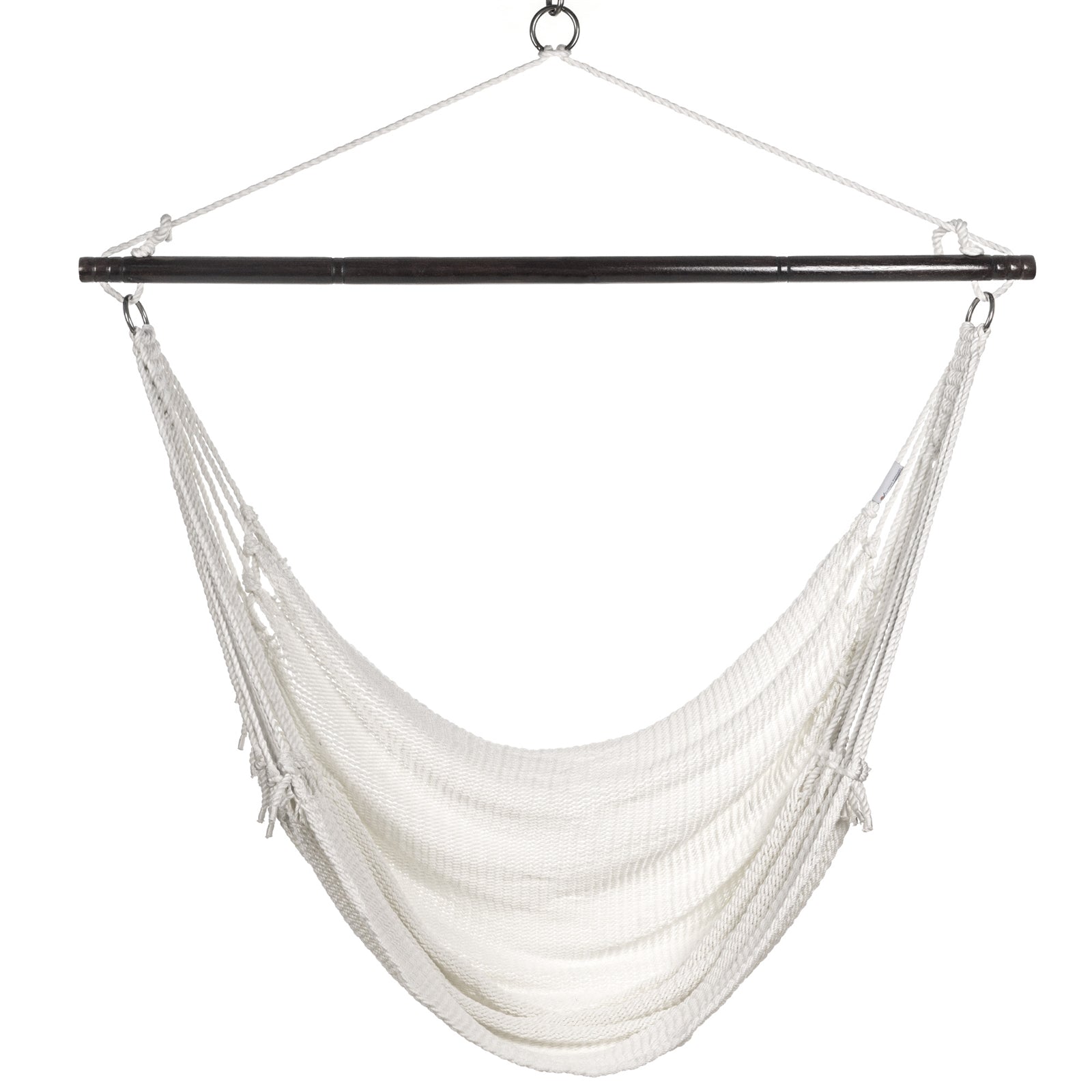 Front view of a white Jumbo Caribbean Hammock Chair showing the deep woven seat and tasseled sides, on a white background
