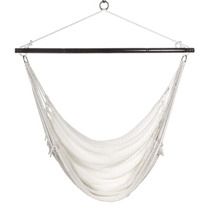 Front view of a white Jumbo Caribbean Hammock Chair showing the deep woven seat and tasseled sides, on a white background