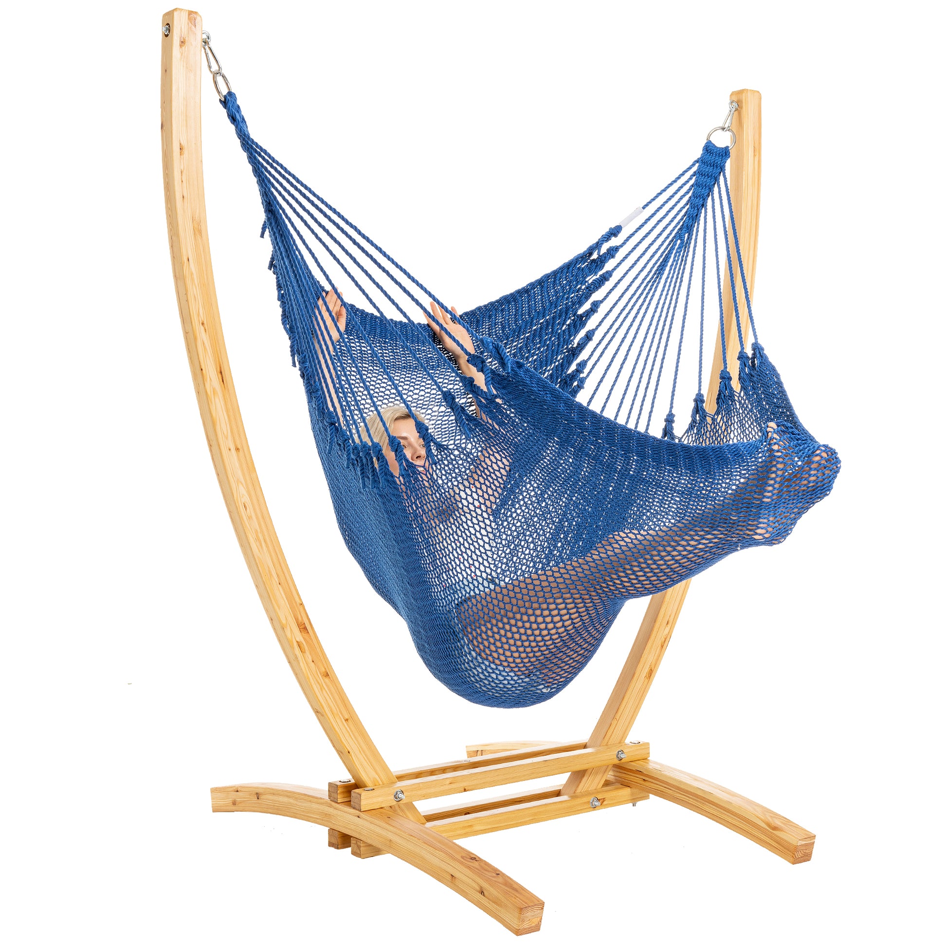 Dark Blue Jumbo Caribbean Recliner on a Siberian larch wood arc stand, woman reclined full length