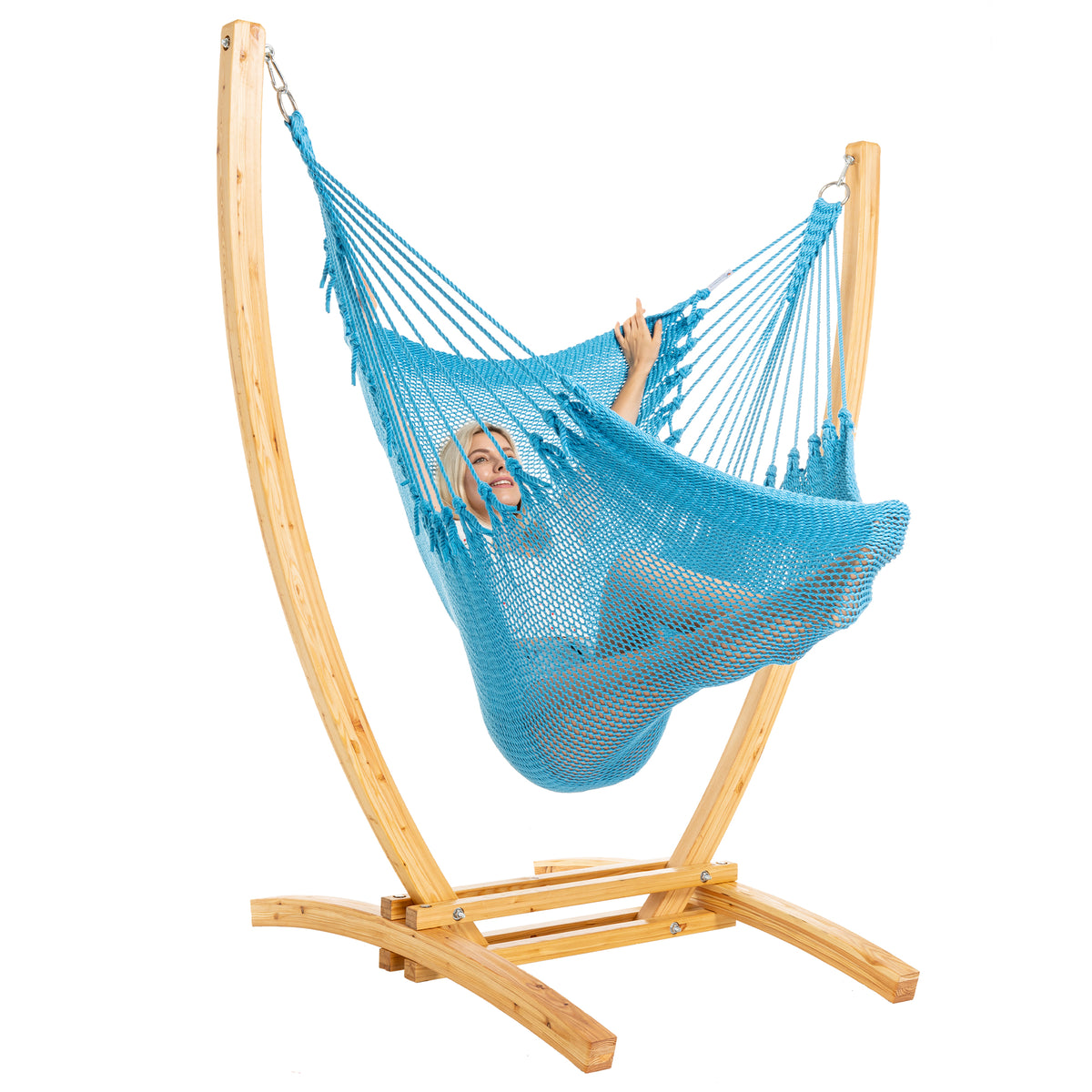 Light Blue Jumbo Caribbean Recliner on a Siberian larch wood arc stand, woman reclined full length