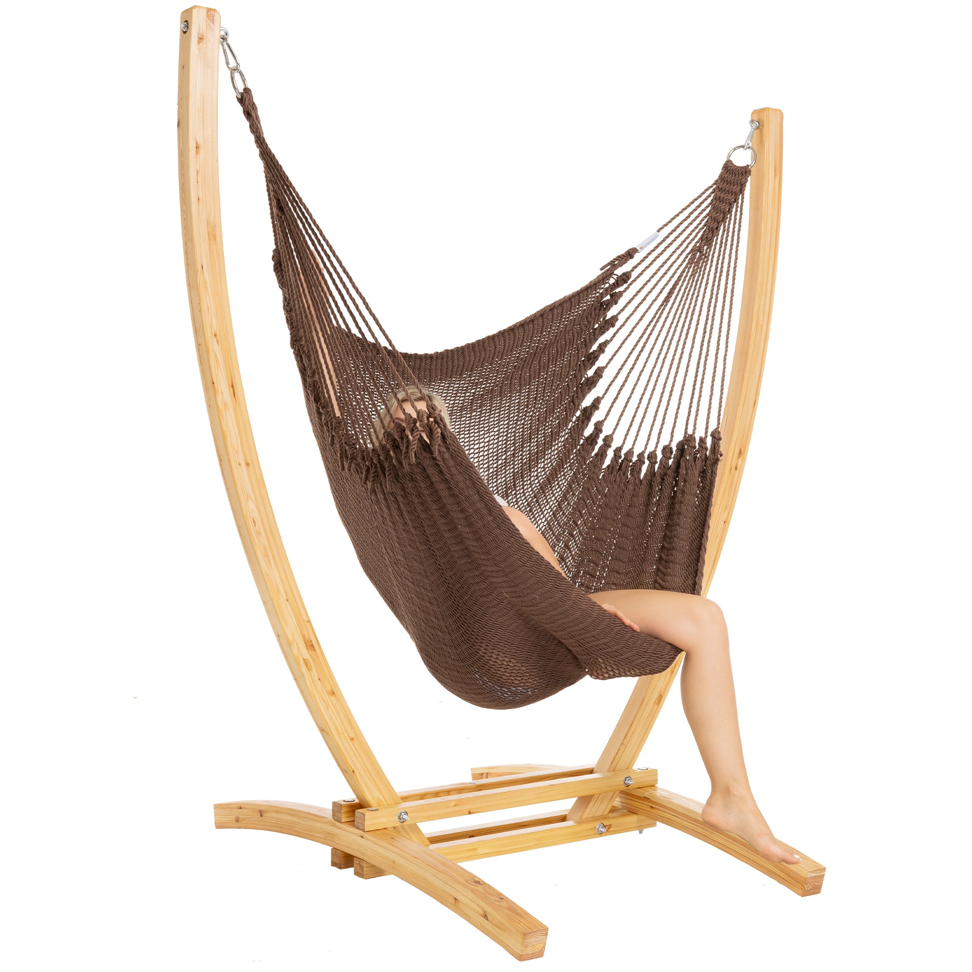 Mocha Jumbo Caribbean Recliner on a Siberian larch wood arc stand, woman reclined, side view