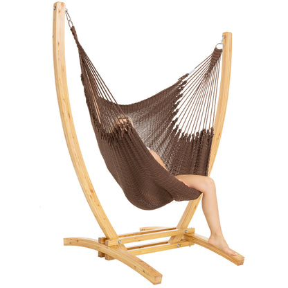 Mocha Jumbo Caribbean Recliner on a Siberian larch wood arc stand, woman reclined, side view