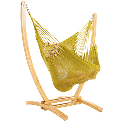 Olive Jumbo Caribbean Recliner on a Siberian larch wood arc stand, woman reclined full length