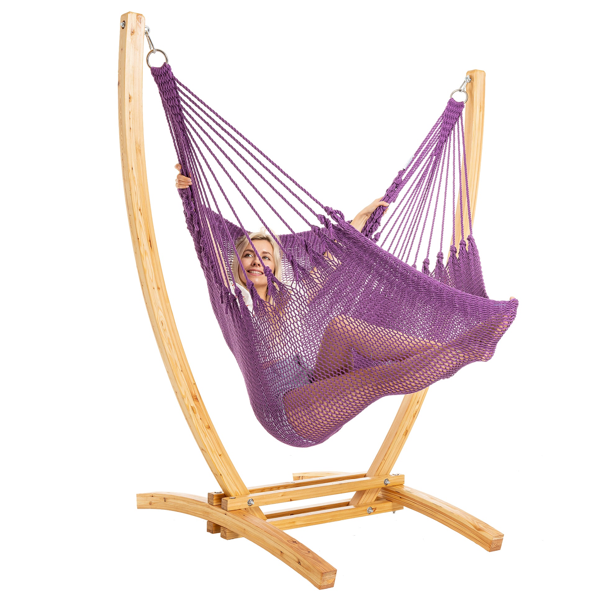 Purple Jumbo Caribbean Recliner on a Siberian larch wood arc stand, woman reclined full length
