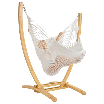 White Jumbo Caribbean Recliner on a Siberian larch wood arc stand, woman reclined full length