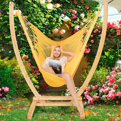 Yellow Jumbo Caribbean Recliner on a wood arc stand in a garden framed by climbing roses