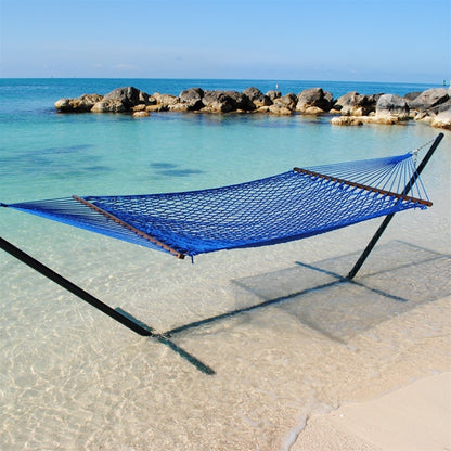 Dark Blue Jumbo Rope Hammock on a black Tri-Beam hammock stand at the water's edge.