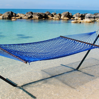 Dark Blue Jumbo Rope Hammock on a black Tri-Beam hammock stand at the water's edge.