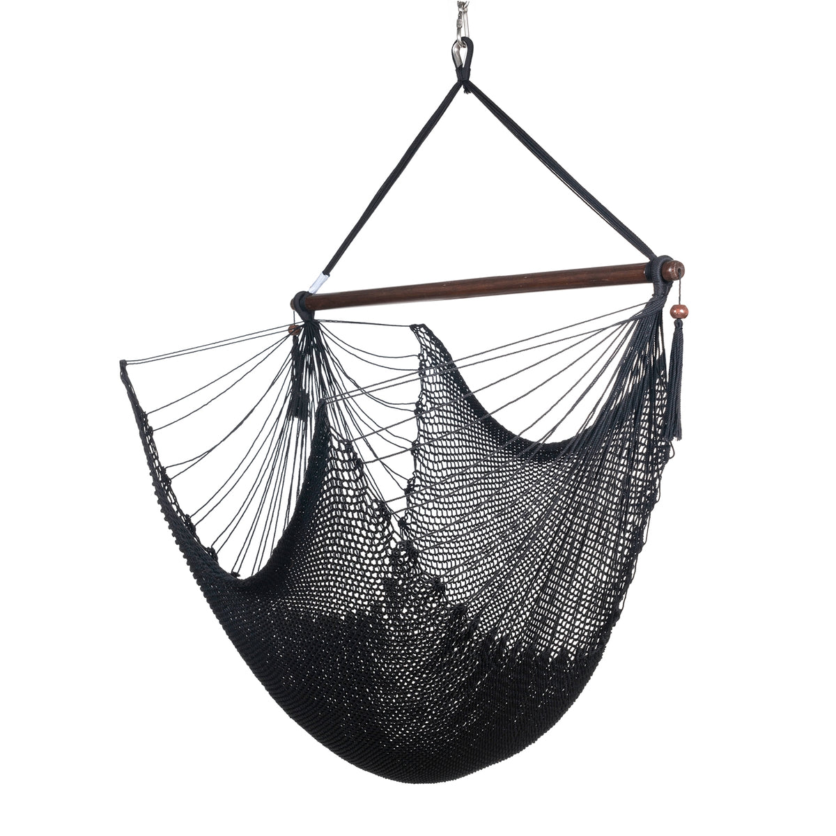 Large Caribbean Hammock Chair in black, hand-woven polyester cord with a dark hardwood spreader bar and tasseled ends, on a white background