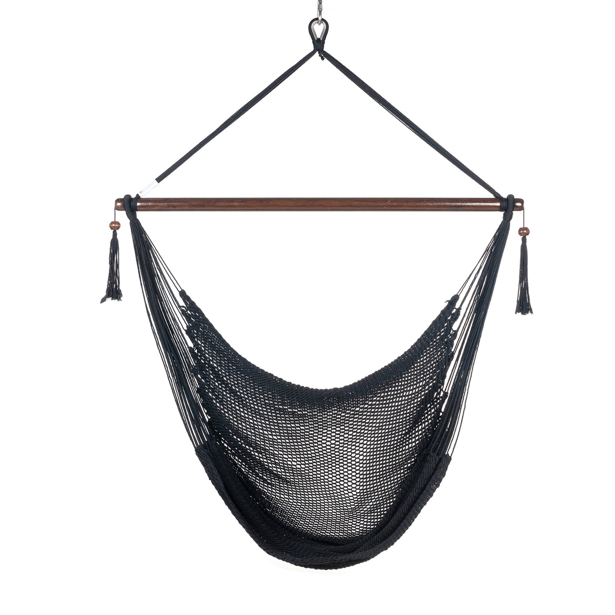 Front view of a black Large Caribbean Hammock Chair showing the deep woven seat and built-in footrest, on a white background
