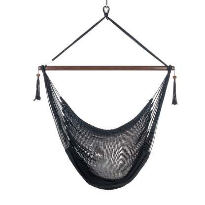Front view of a black Large Caribbean Hammock Chair showing the deep woven seat and built-in footrest, on a white background