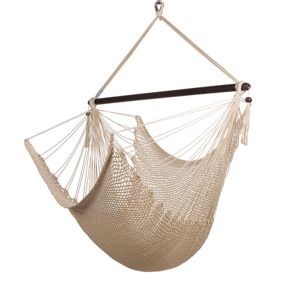 Large Caribbean Hammock Chair in cream, hand-woven polyester cord with a dark hardwood spreader bar and tasseled ends, on a white background
