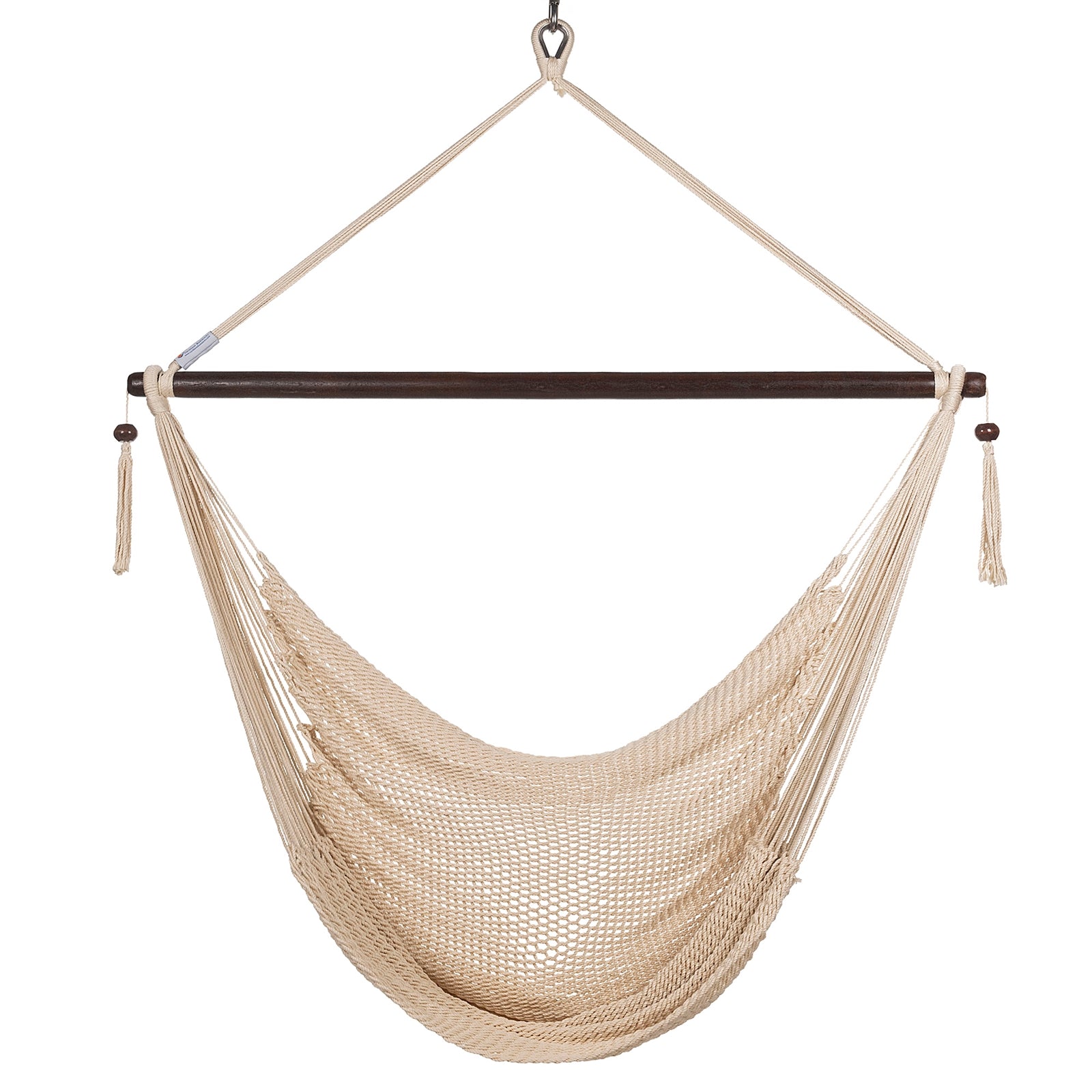 Front view of a cream Large Caribbean Hammock Chair showing the deep woven seat and built-in footrest, on a white background