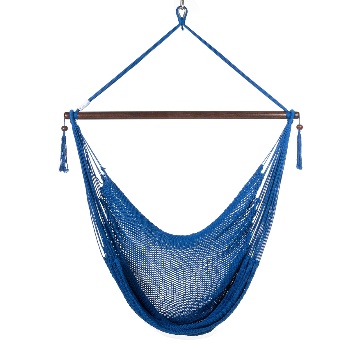 Front view of a dark blue Large Caribbean Hammock Chair showing the deep open-weave seat and built-in footrest, on a white background