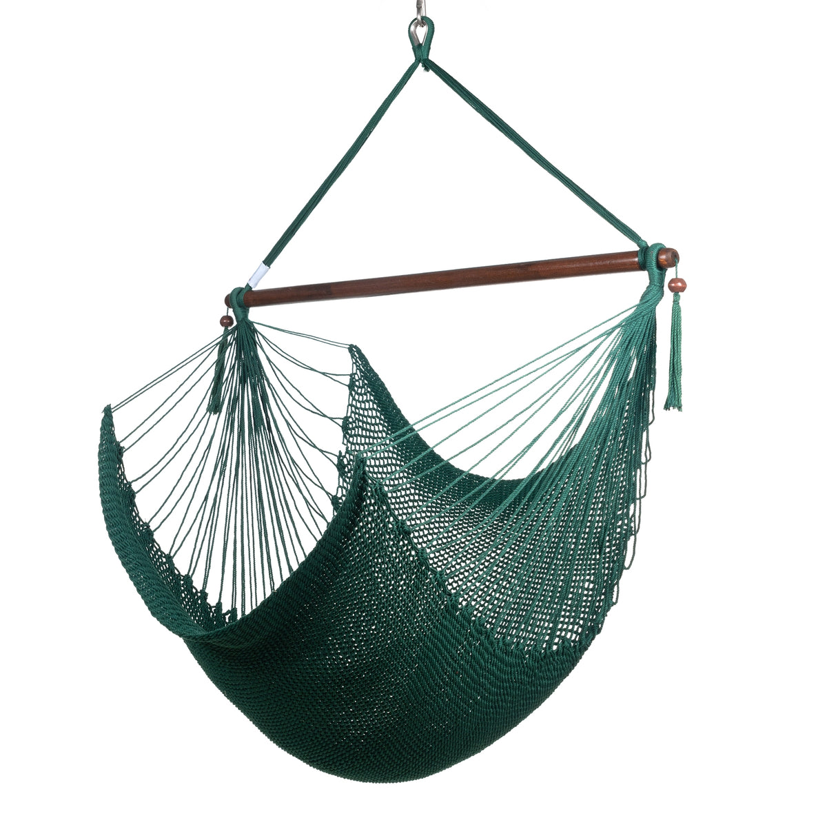 Large Caribbean Hammock Chair in green, hand-woven polyester cord with a dark hardwood spreader bar and tasseled ends, on a white background