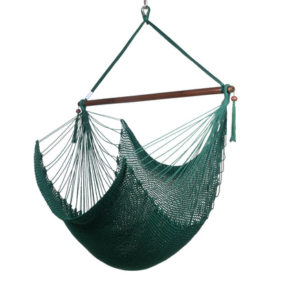 Large Caribbean Hammock Chair in green, hand-woven polyester cord with a dark hardwood spreader bar and tasseled ends, on a white background