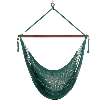 Front view of a green Large Caribbean Hammock Chair showing the deep woven seat and built-in footrest, on a white background