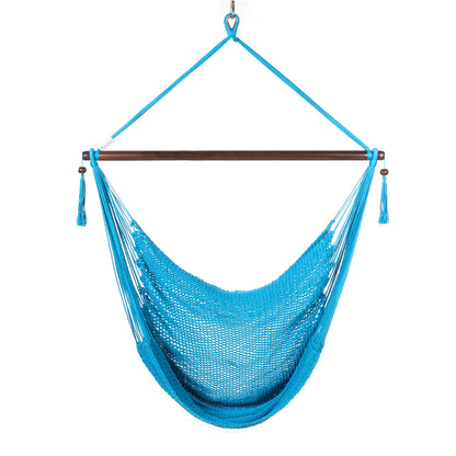 Front view of a light blue Large Caribbean Hammock Chair showing the deep woven seat and built-in footrest, on a white background