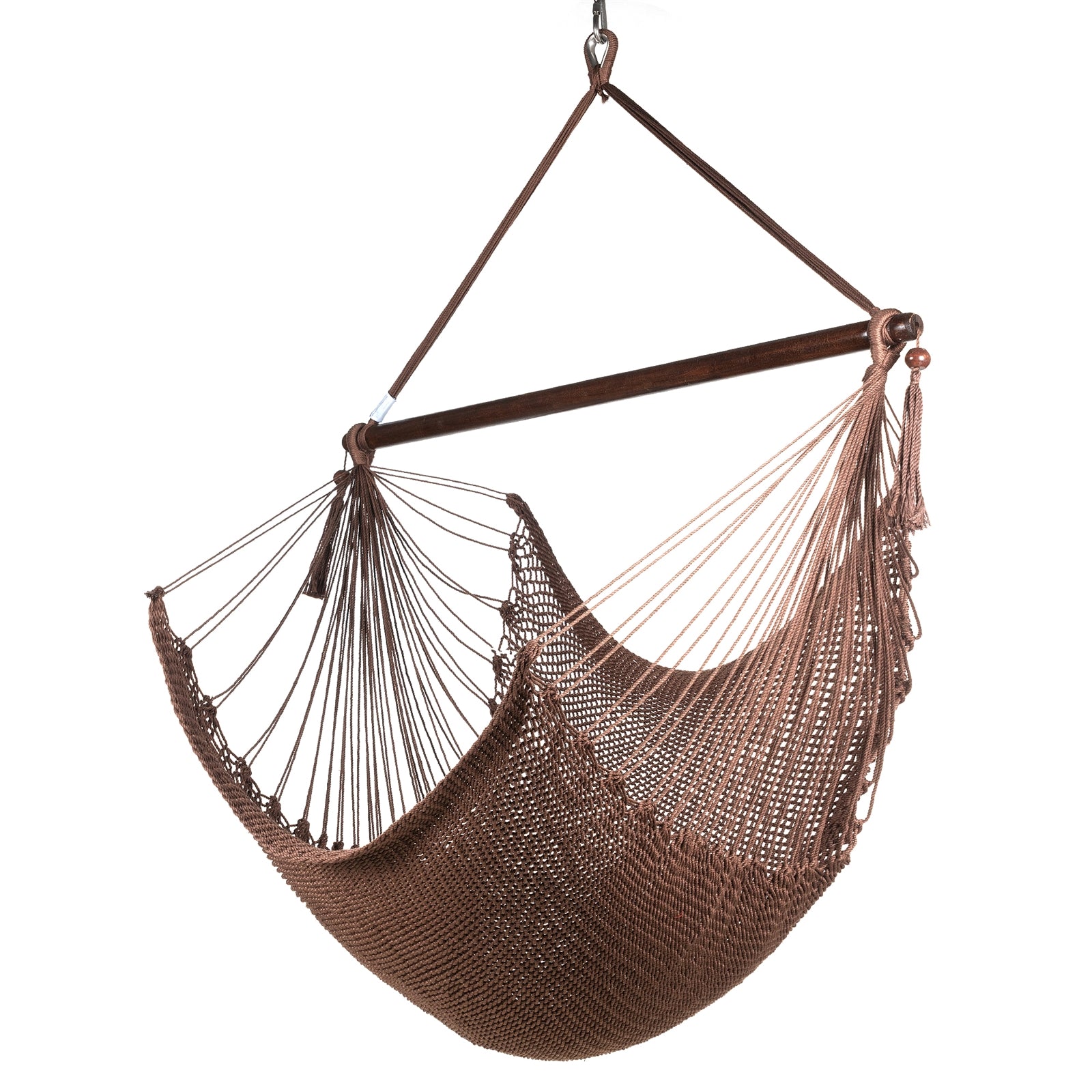 Large Caribbean Hammock Chair in mocha, hand-woven polyester cord with a dark hardwood spreader bar and tasseled ends, on a white background
