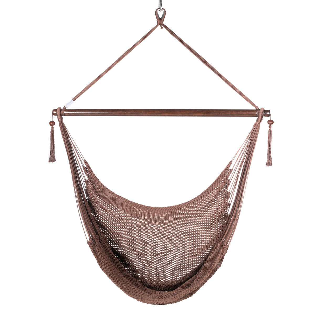 Front view of a mocha Large Caribbean Hammock Chair showing the deep woven seat and built-in footrest, on a white background