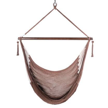 Front view of a mocha Large Caribbean Hammock Chair showing the deep woven seat and built-in footrest, on a white background