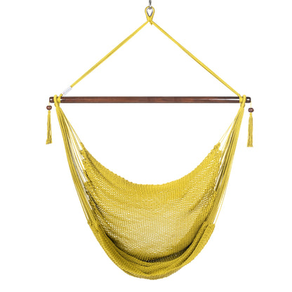 Front view of an olive Large Caribbean Hammock Chair showing the deep woven seat and built-in footrest, on a white background