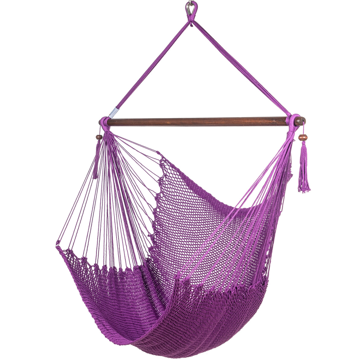 Large Caribbean Hammock Chair in purple, hand-woven polyester cord with a dark hardwood spreader bar and tasseled ends, on a white background