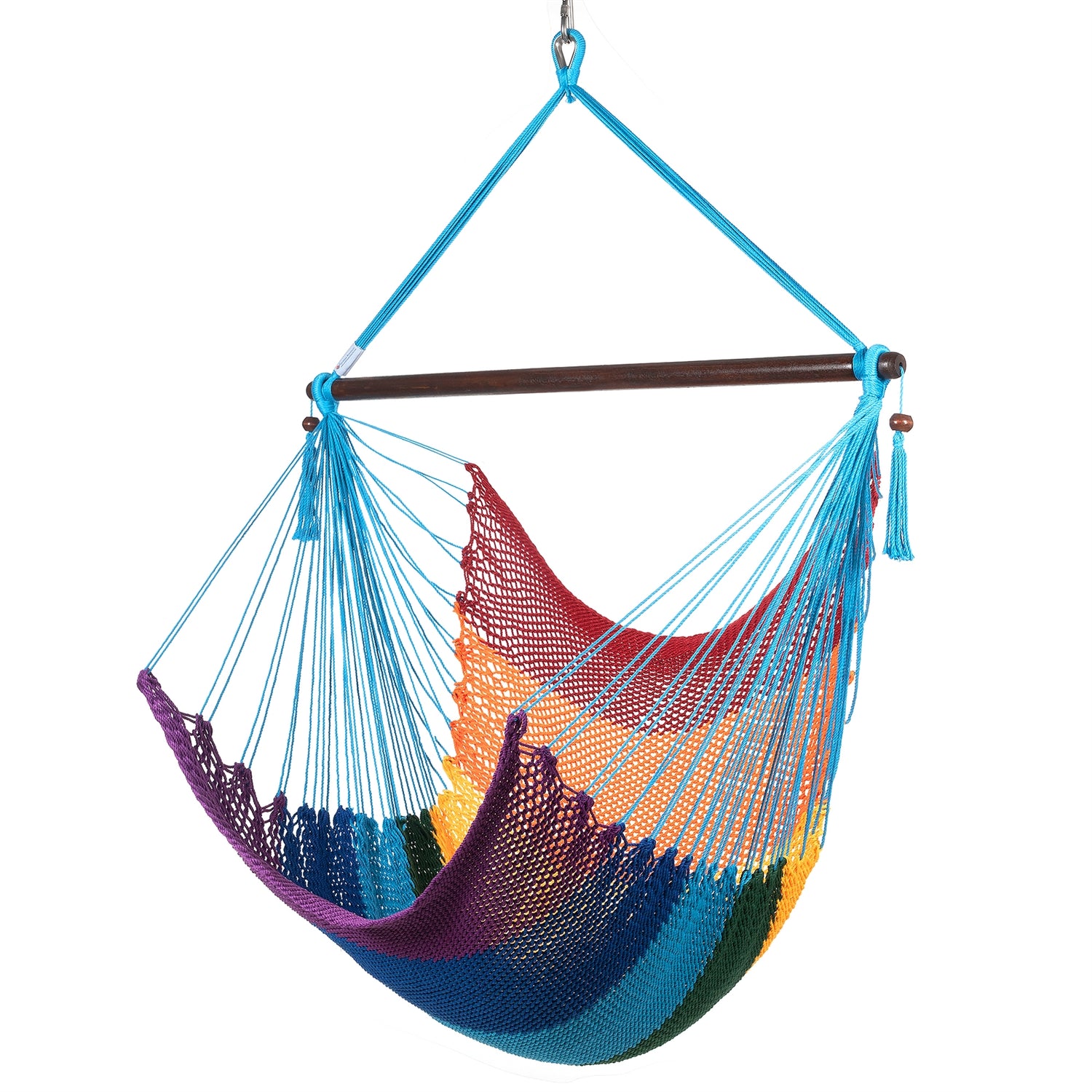 Large Caribbean Hammock Chair in rainbow, hand-woven polyester cord with light blue end cords and a dark hardwood spreader bar, on a white background