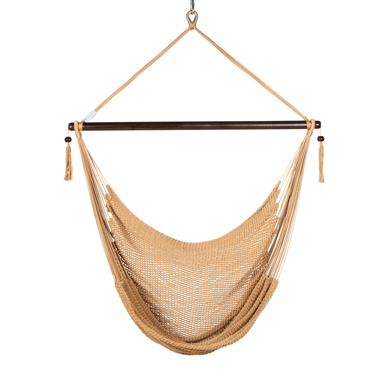 Front view of a tan Large Caribbean Hammock Chair showing the deep woven seat and built-in footrest, on a white background