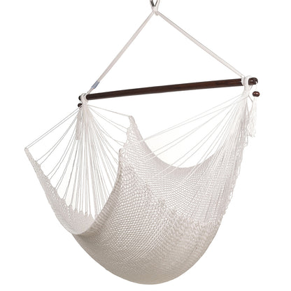 Large Caribbean Hammock Chair in white, hand-woven polyester cord with a dark hardwood spreader bar and tasseled ends, on a white background