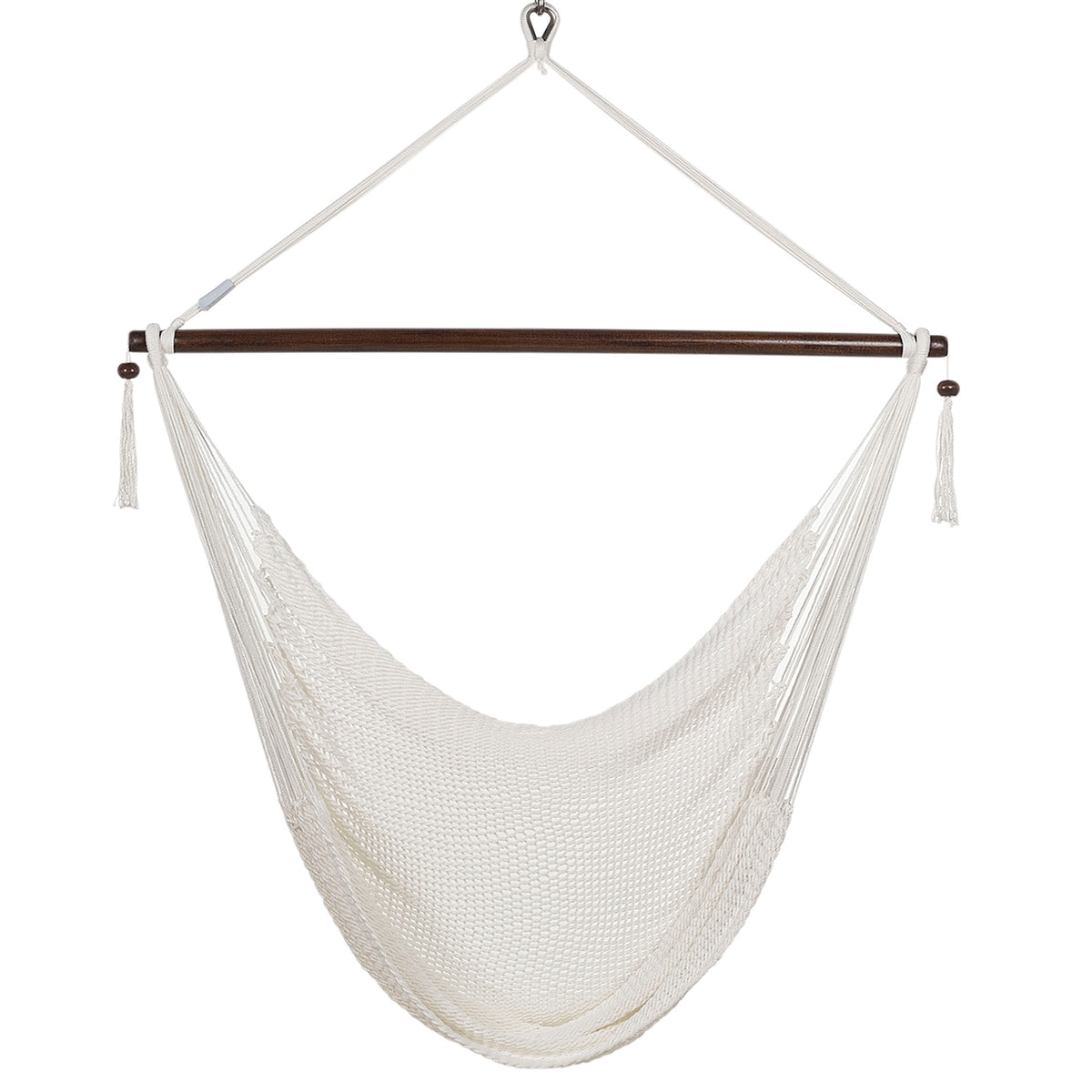 Front view of a white Large Caribbean Hammock Chair showing the deep woven seat and built-in footrest, on a white background