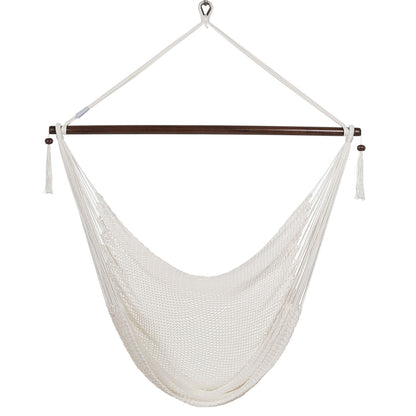 Front view of a white Large Caribbean Hammock Chair showing the deep woven seat and built-in footrest, on a white background