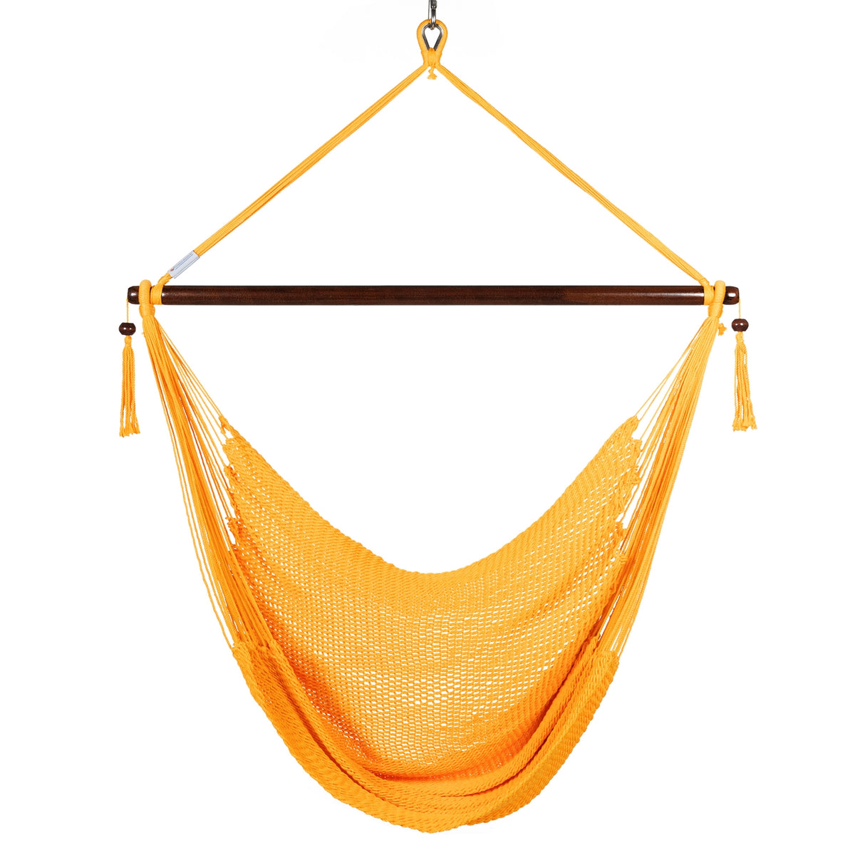 Front view of a yellow Large Caribbean Hammock Chair showing the deep woven seat and built-in footrest, on a white background